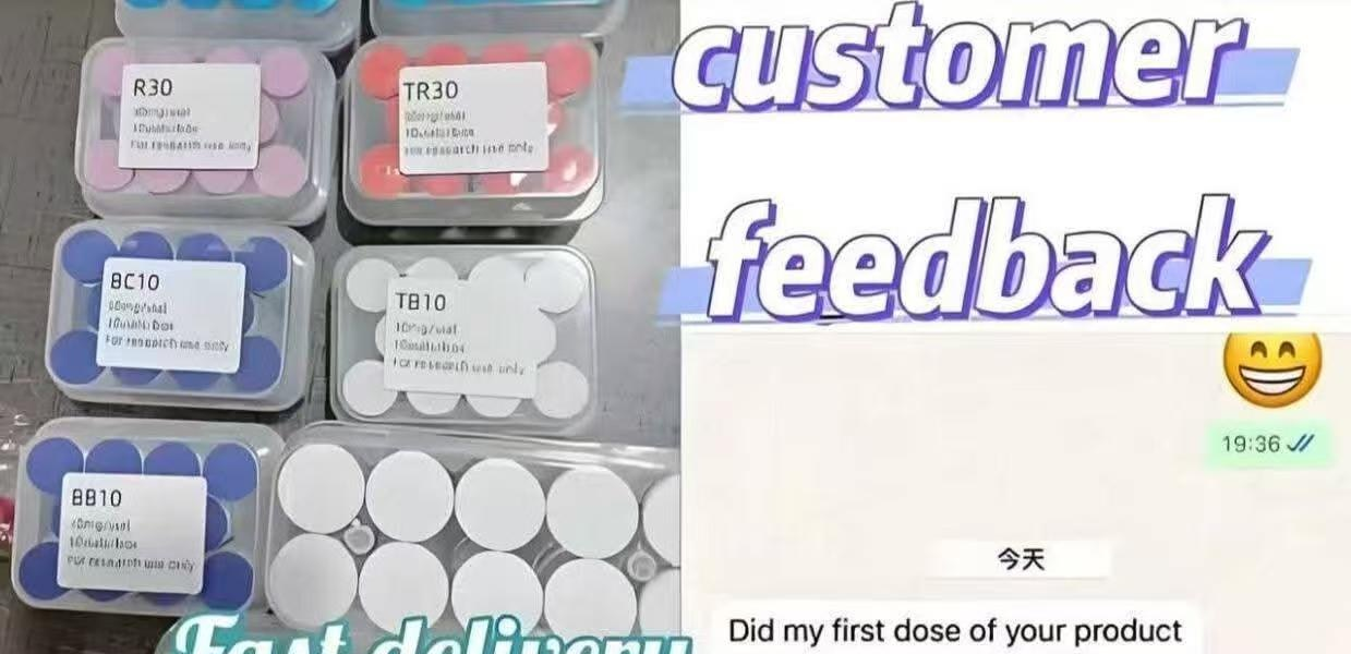 Customer feedback showing fast delivery, peptide vials and chat review
